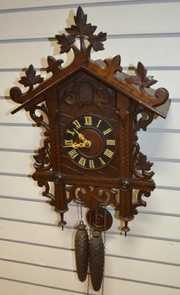 Antique 2 Weight Inlaid Wood Cuckoo Clock