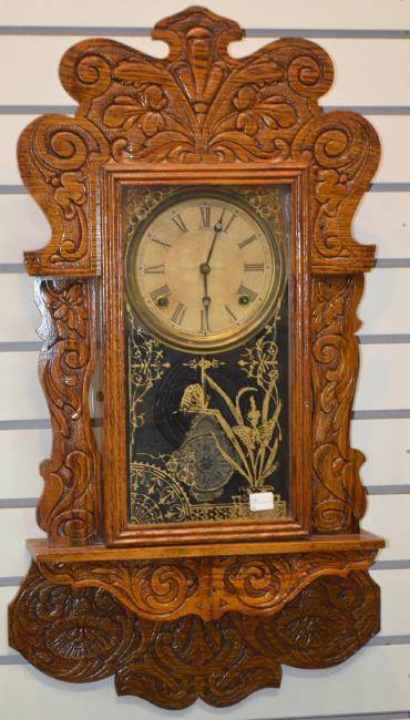 Antique Carved Oak Sessions Hanging Kitchen Clock