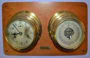 Antique Brass & Walnut Ships Bell Clock/Barometer