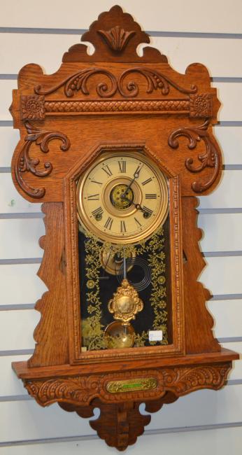 Antique Carved Oak Ingraham Hanging Kitchen Clock