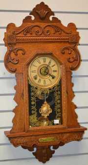 Antique Carved Oak Ingraham Hanging Kitchen Clock