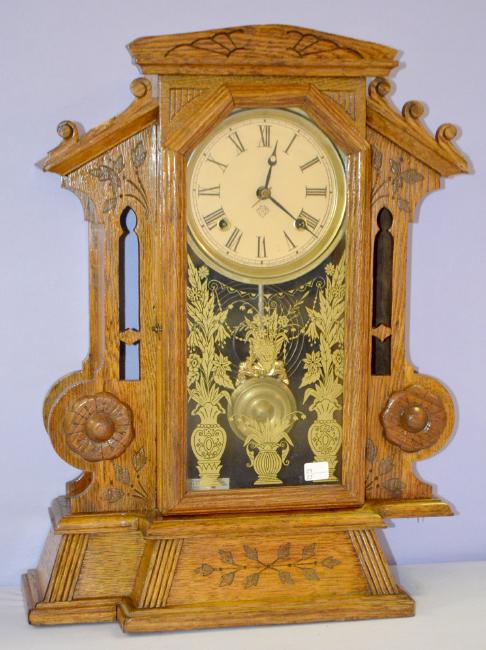 Signed Ansonia Carved Oak Cabinet Shelf Clock