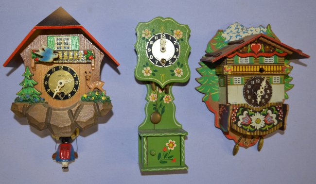 3 German Miniature Clocks, Grandfather and Two Cuckoo