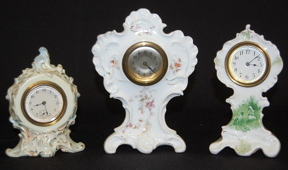 Group of 3 Porcelain Decorated Dresser Clocks