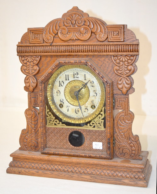 Antique Ingraham Pressed Oak Cabinet Clock