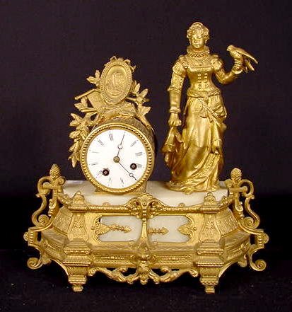 French Spelter & Alabaster Clock w/Lady & Bird