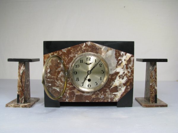 UCRA ART DECO THREE PC MARBLE MANTLE CLOCK SET