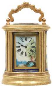 French Miniature Porcelain & Brass Carriage Clock