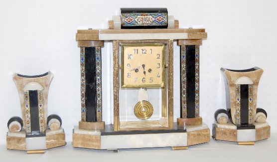 French Deco Clock Set with Cloisonné