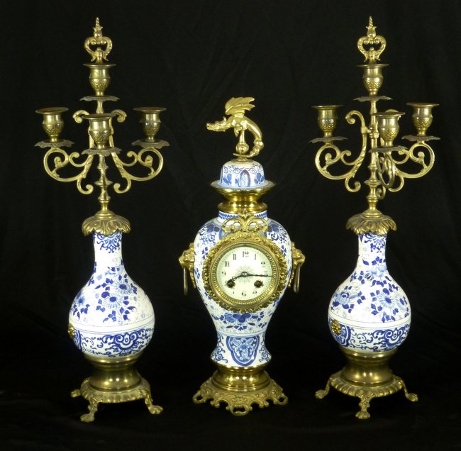 3 Piece Blue & white Porcelain Urn clock set