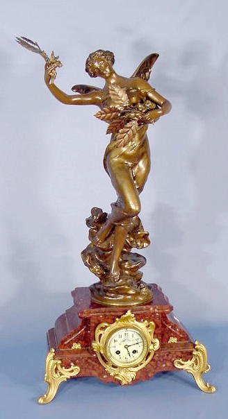 French Spelter and Marble Statue Clock