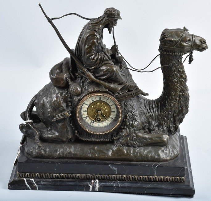 ORNATE ARAB ON CAMEL, CAST METAL SHELF CLOCK