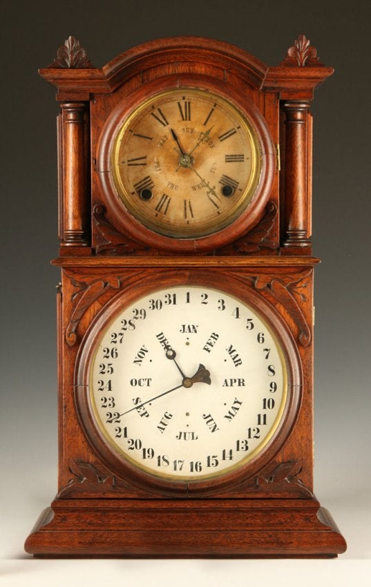 AN INGRAHAM LEWIS PATENT DOUBLE DIAL CALENDAR CLOCK