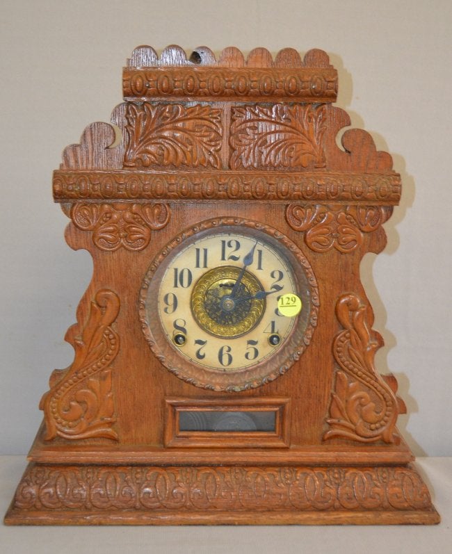 Antique Oak Fancy Carved Cabinet Clock