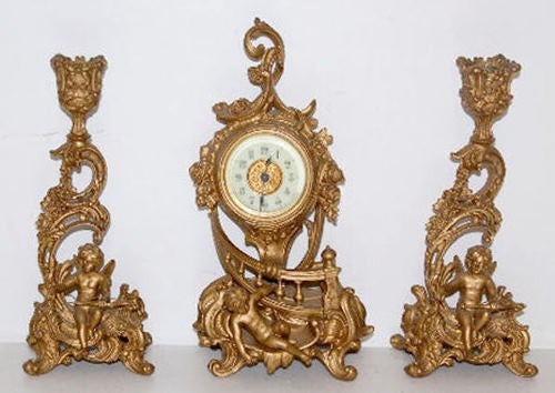 Ansonia “Silva” 3pc Miniature Cherubs Clock Set