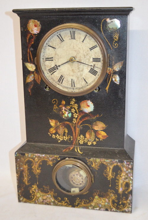 Antique M.O.P. Iron Case Clock with Sandwich Glass Pendulum