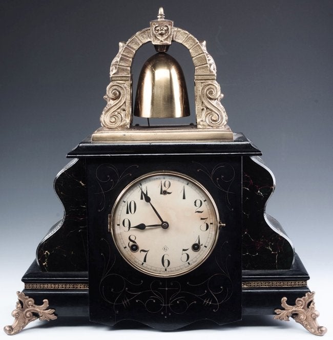 A GILBERT ‘CURFEW’ BELLTOP WOOD CASE MANTEL CLOCK