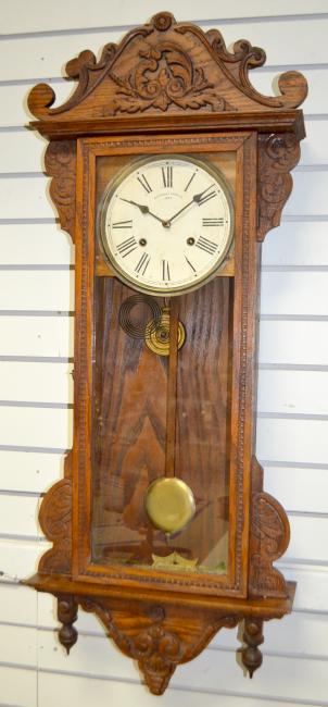 Carved Oak Waterbury Alton Wall Regulator Clock