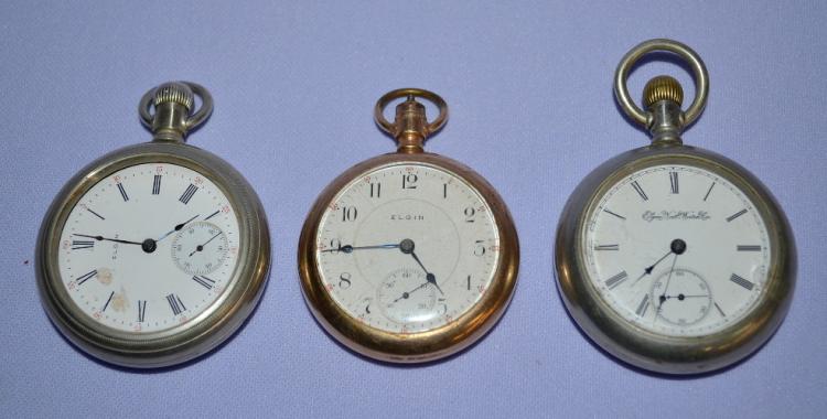 3 Antique Elgin Pocket Watches, All OF & Full Plate
