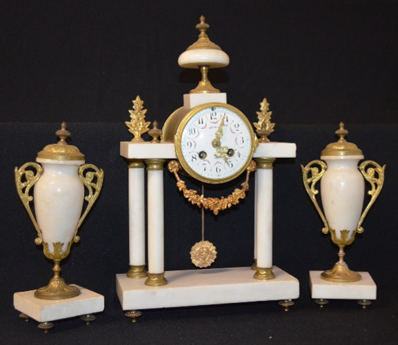 Antique French Vincenti Alabaster Portico Clock Set