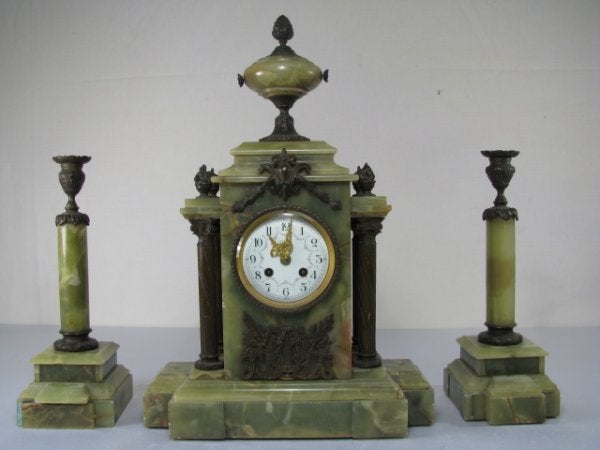 FRENCH ONYX MANTLE CLOCK & GARNITURE SET