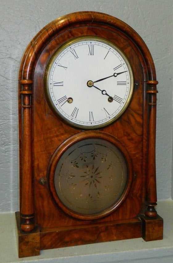 Burl mahogany beehive type shelf clock.