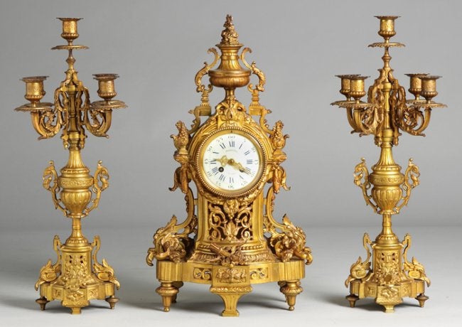 French Gilt Bronze 3 Piece Clock Set