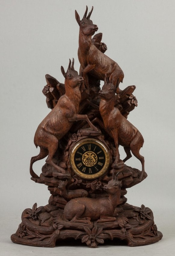 Carved Black Forest Clock with Mountain Goats and