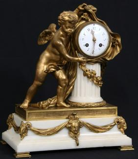 French Gilt Bronze & Carrera Marble Mantle Clock