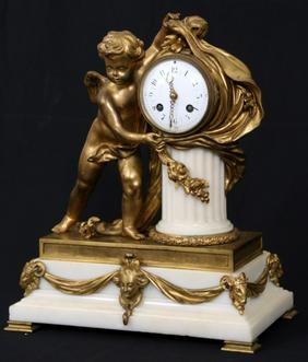 French Gilt Bronze & Carrera Marble Mantle Clock