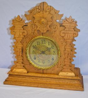 Ingraham Oak “Cabinet No. 4” Clock. T&S, embossed metal