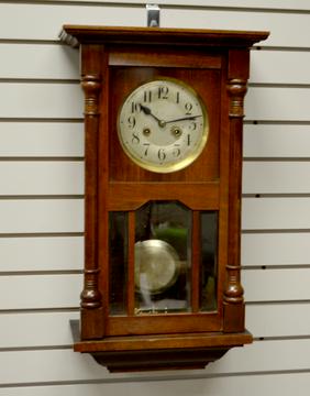 German Box Clock. T&S, unsigned 7″ dial; has pendulum;