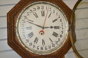 Antique Ingraham Octogon Calendar Drop Clock. Oak case,