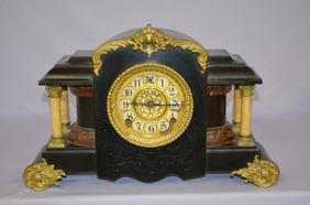Antique Gilbert Mantel Clock. Enameled wood case, 4