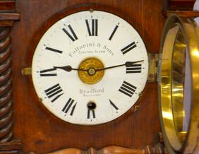 Fattorini & Sons Wood Bell Alarm Clock. T/O, signed