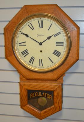 Sessions Oak “Office” Short Drop Clock. T/O, signed 12″