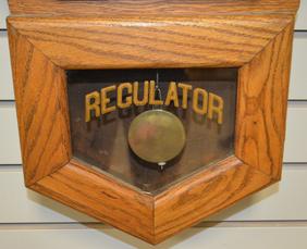Sessions Oak “Office” Short Drop Clock. T/O, signed 12″