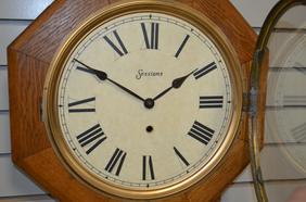 Sessions Oak “Office” Short Drop Clock. T/O, signed 12″