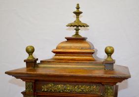 Ornate Wood & Metal Cabinet Clock. T&S, porcelain dial
