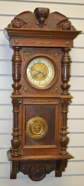 Walnut German Wall Clock. T&S, signed 5″ pocelain