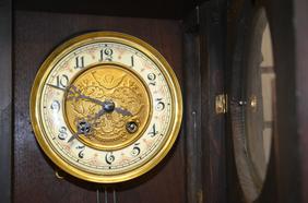 Walnut German Wall Clock. T&S, signed 5″ pocelain