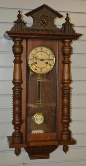 Walnut Ingraham RA Wall Clock. T&S, signed 5″ porcelain