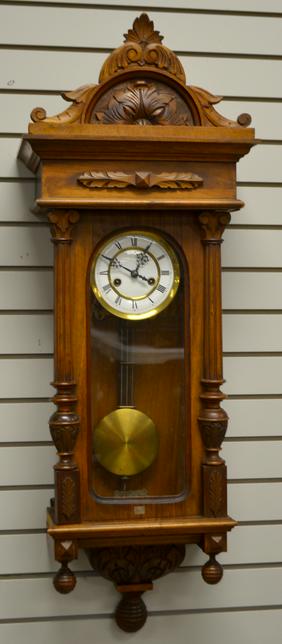 German Walnut Carved Wall Clock. T&S, 6″ unsigned