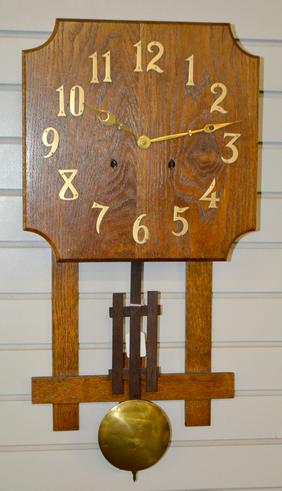 Antique Missions Style Wall Clock. Oak case with metal