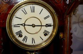 Antique “Ducat” Kitchen Clock. Oak case, top missing.