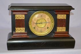 Antique Gilbert Mantel Clock. Enameled wood case, red