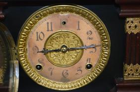 Antique Gilbert Mantel Clock. Enameled wood case, red