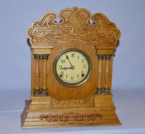 Antique Sessions Mantel Clock. Oak case signed m69, 8