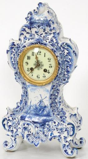 French Faience Delft Mantle Clock