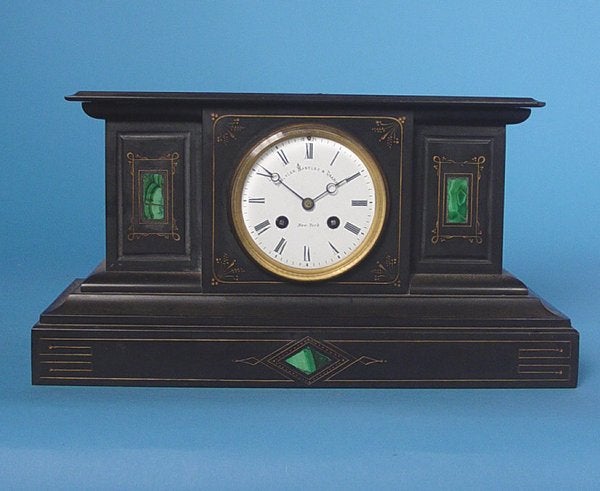 Japy Freres Malachite Mantle Clock with Malachite Inlay